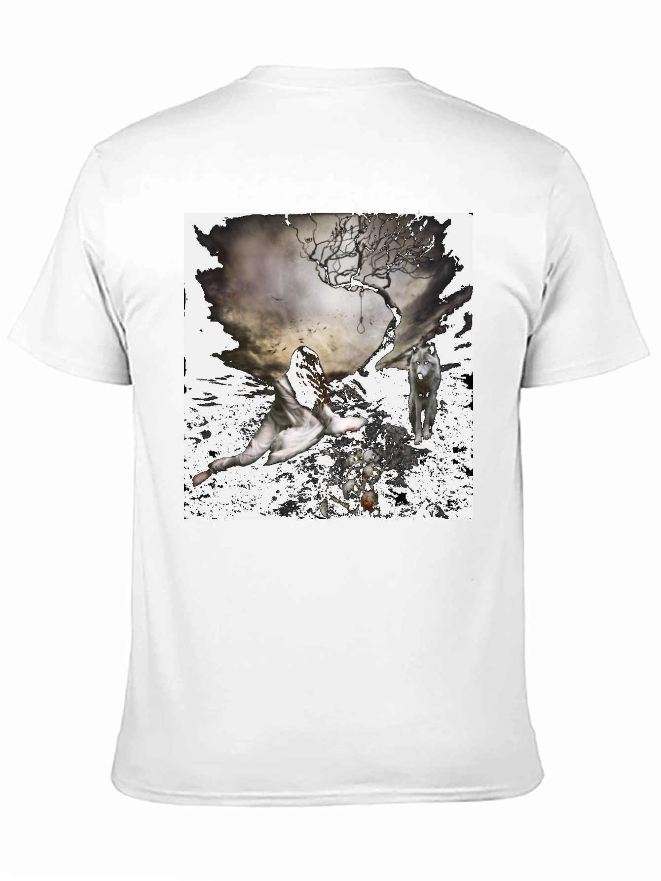 Artistic Wolf & Figure Print Black T-Shirt