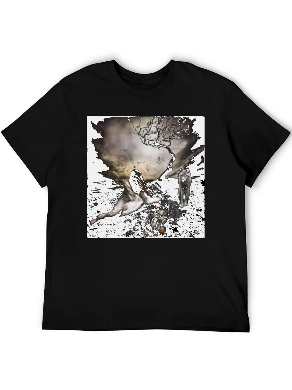 Artistic Wolf & Figure Print Black T-Shirt