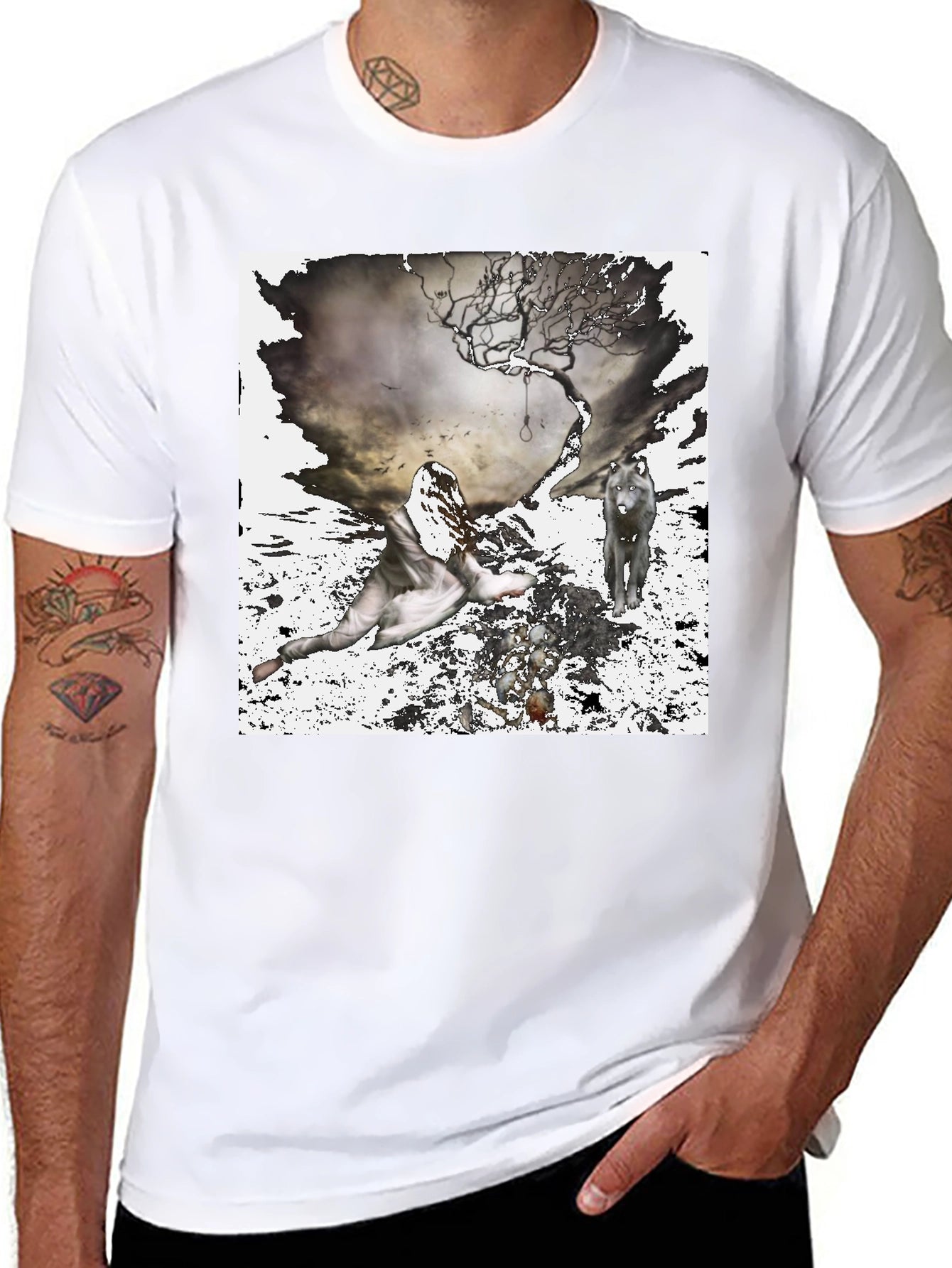 Artistic Wolf & Figure Print Black T-Shirt