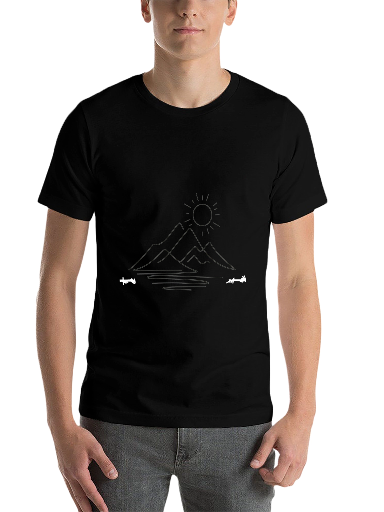Minimalist Mountain & Lake Graphic Black T-Shirt