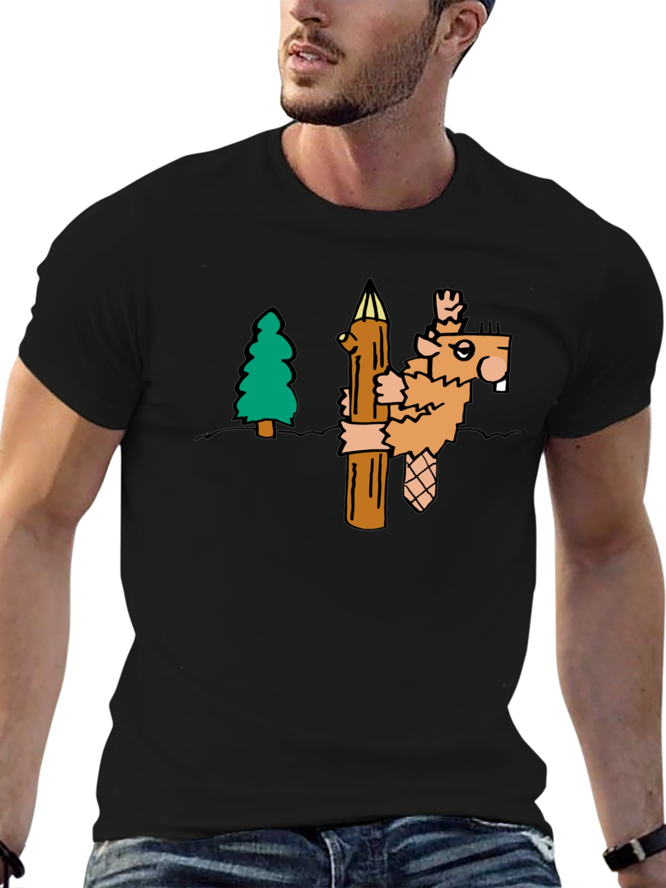 Funny Cartoon Beaver T-Shirt - Black
