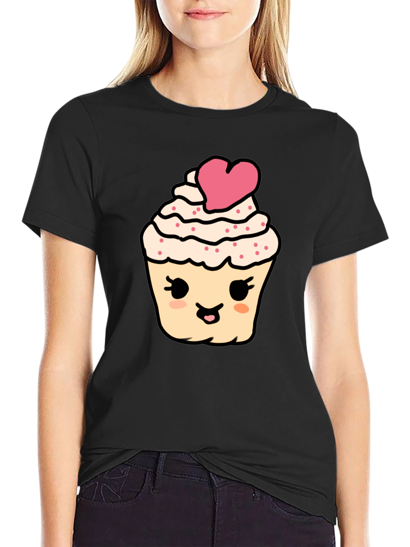 Cute Cupcake Graphic Tee - Black Cotton Comfort
