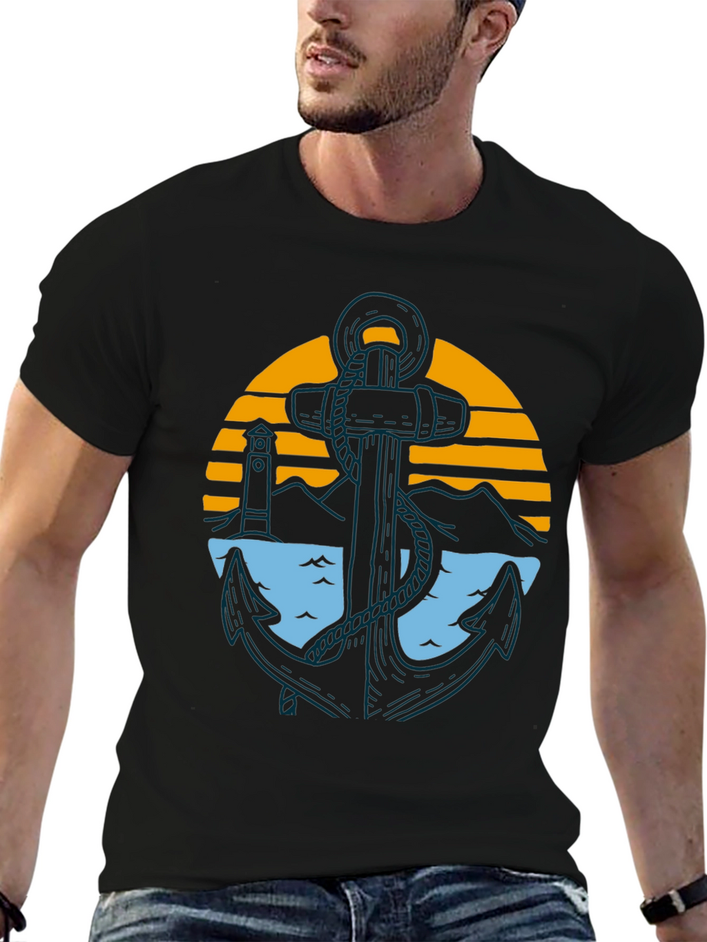 Nautical Anchor Graphic Tee - Black Cotton Blend