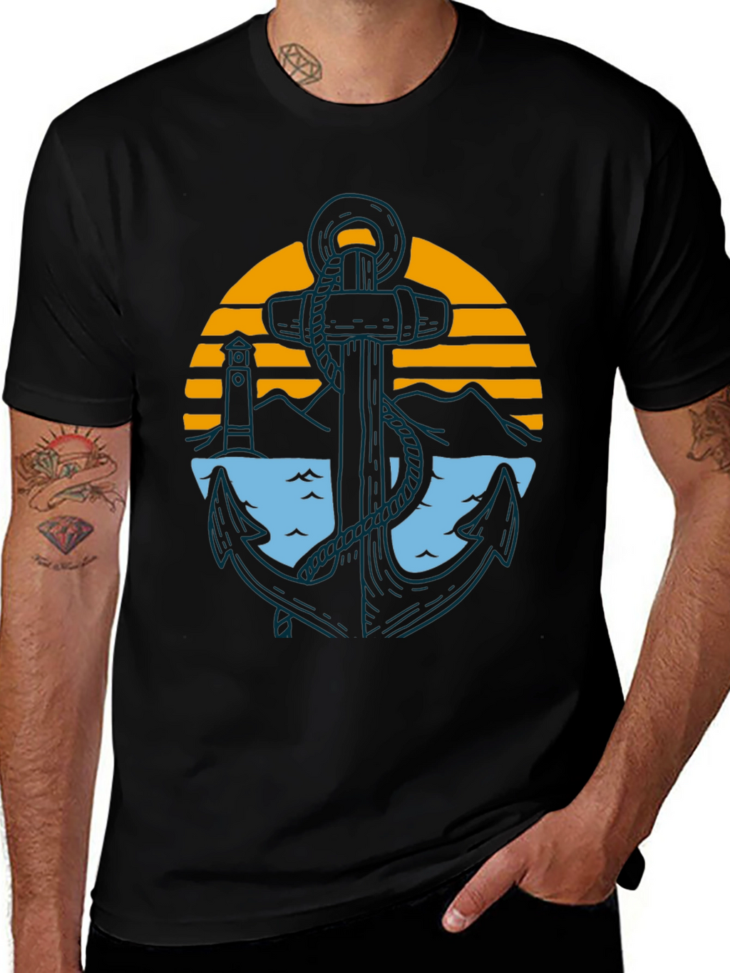 Nautical Anchor Graphic Tee - Black Cotton Blend