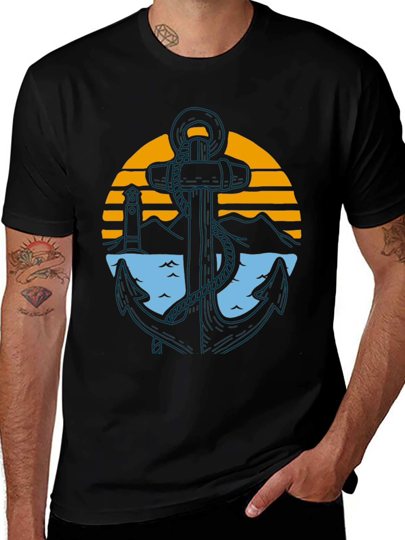 Nautical Anchor Graphic Tee - Black Cotton Blend