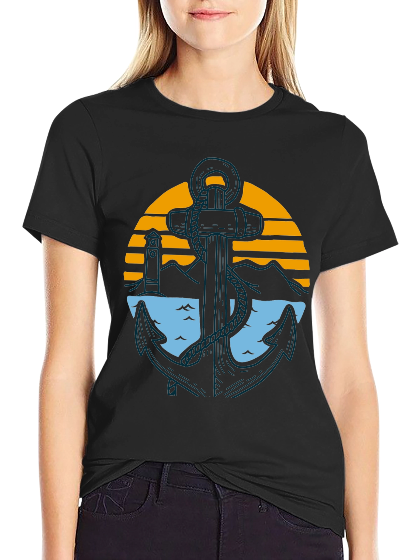 Nautical Anchor Graphic Tee - Black Cotton Blend