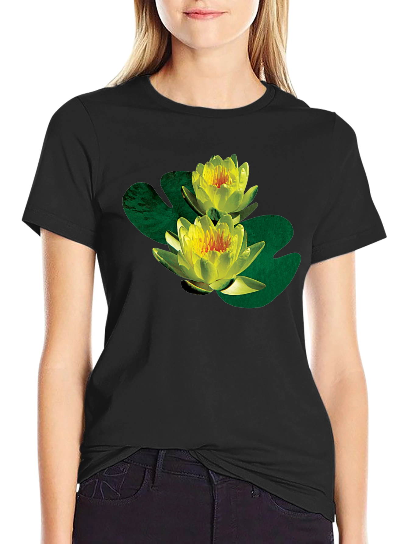 Water Lily Graphic Black T-Shirt
