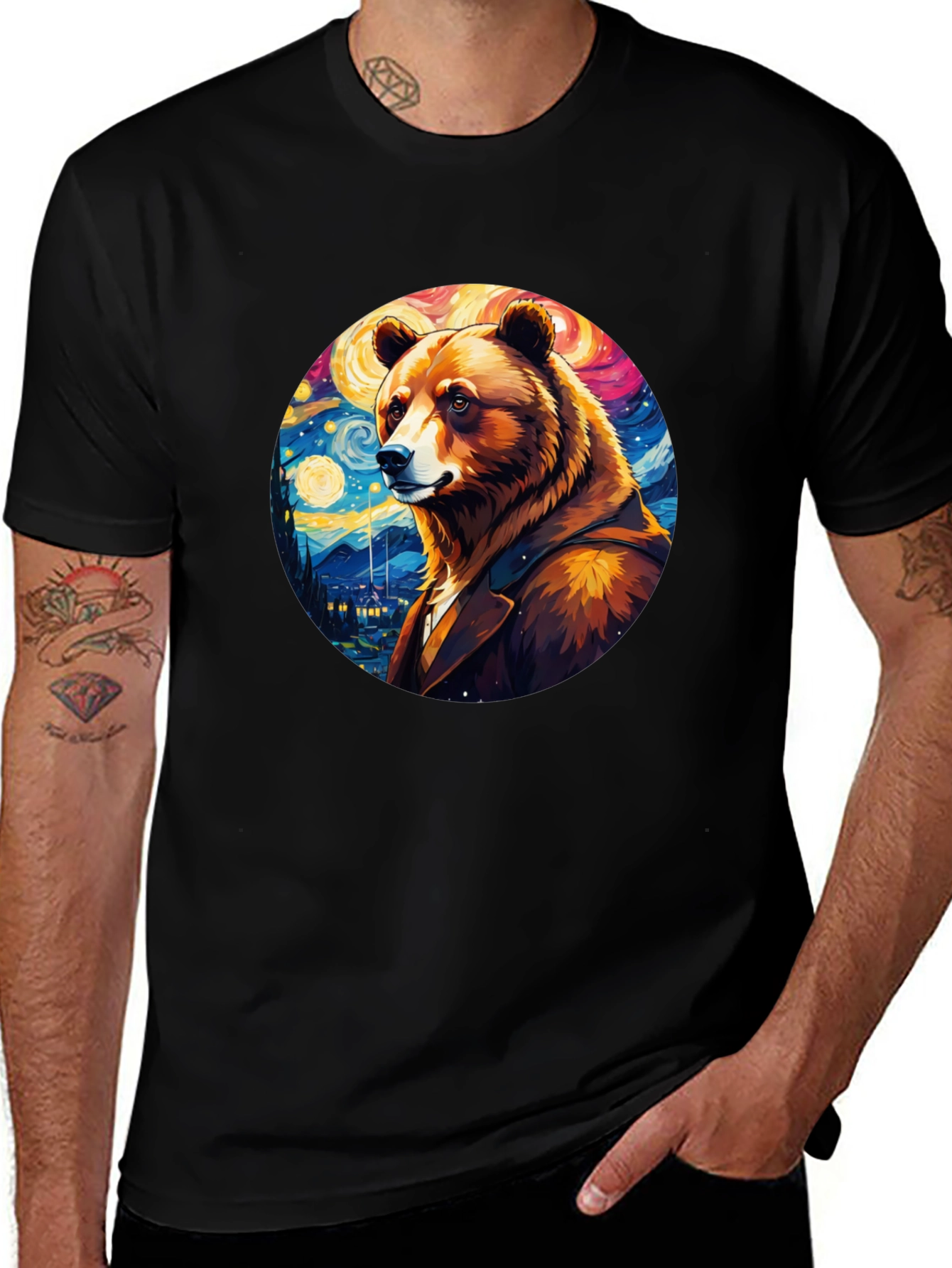 Bear Starry Night T-Shirt - Unique Art Design