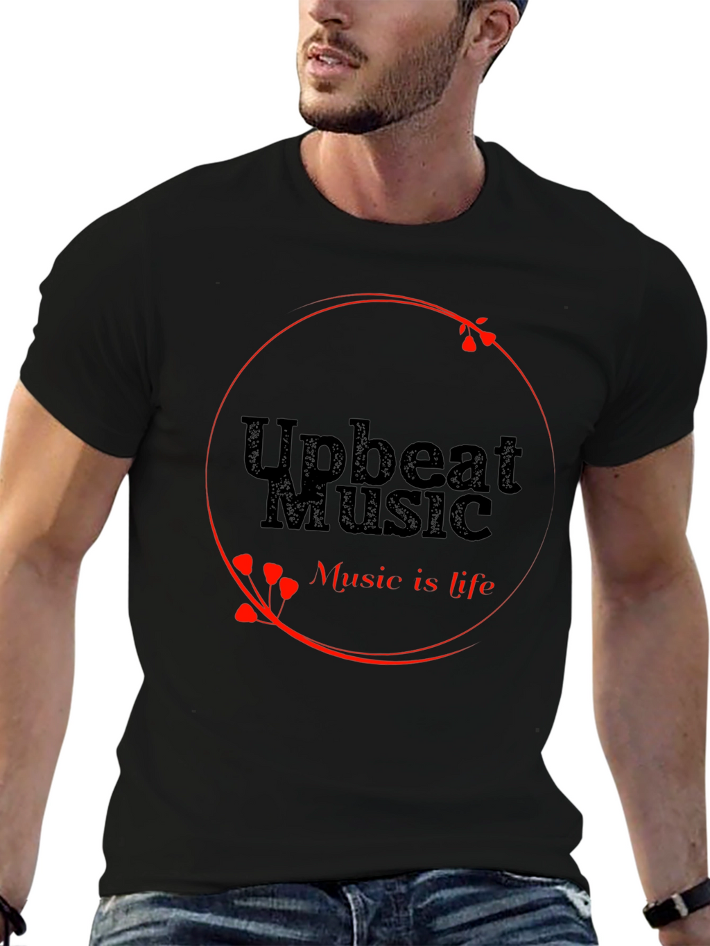 Upbeat Music T-Shirt - Black Crew Neck Tee