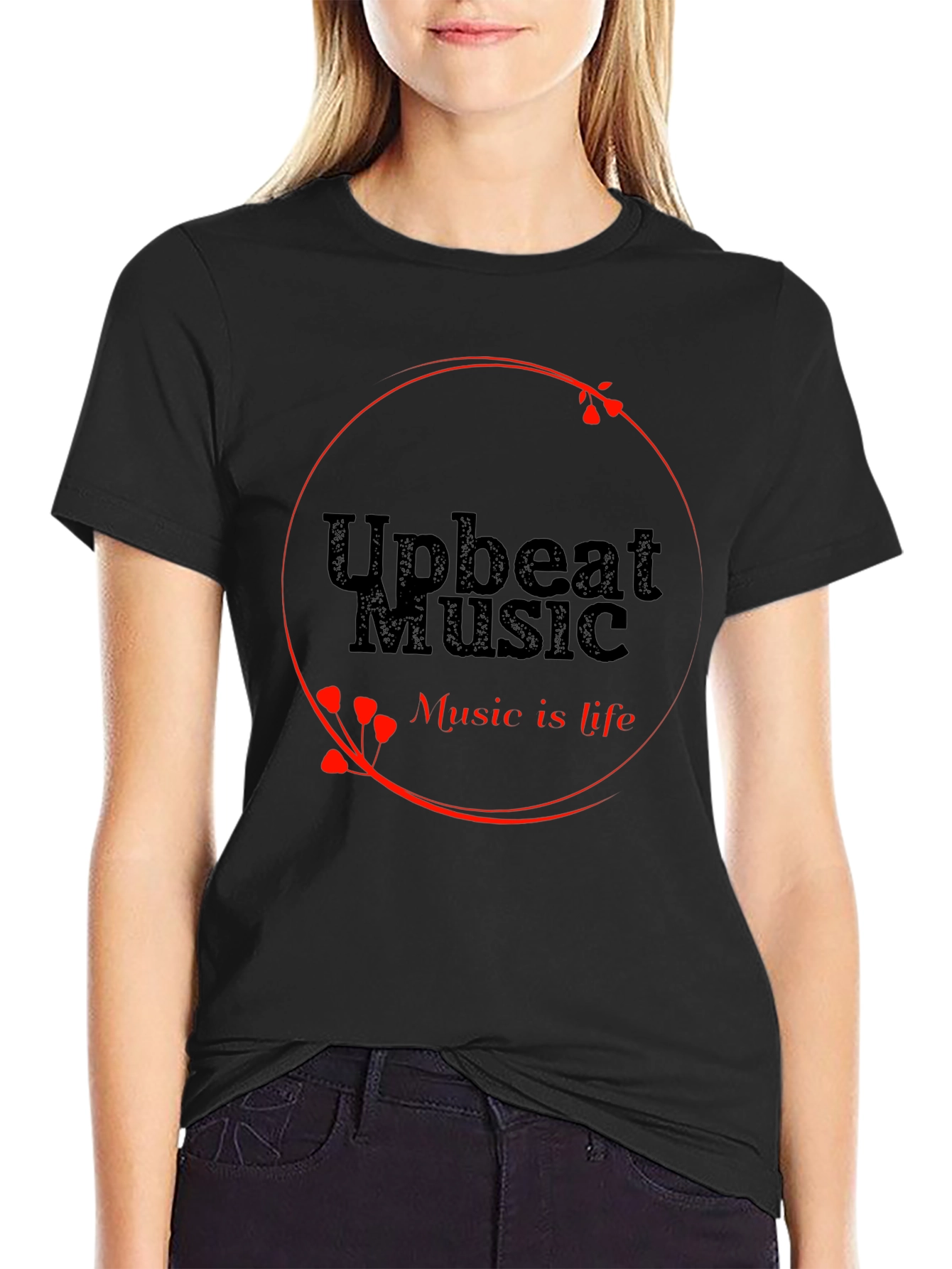 Upbeat Music T-Shirt - Black Crew Neck Tee