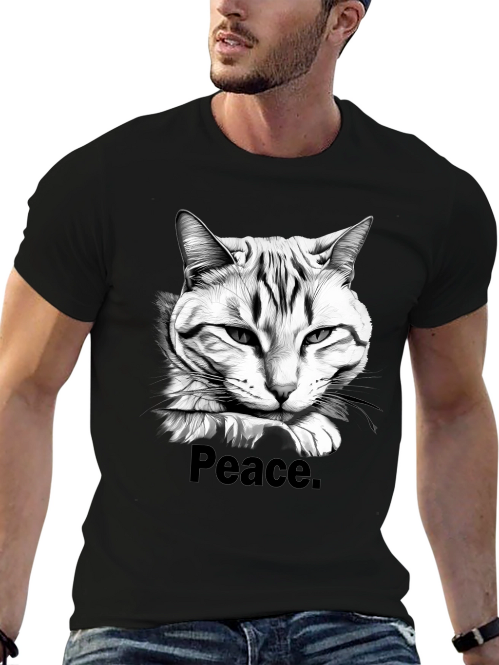 Peace Cat Graphic Tee - Mens Black T-Shirt