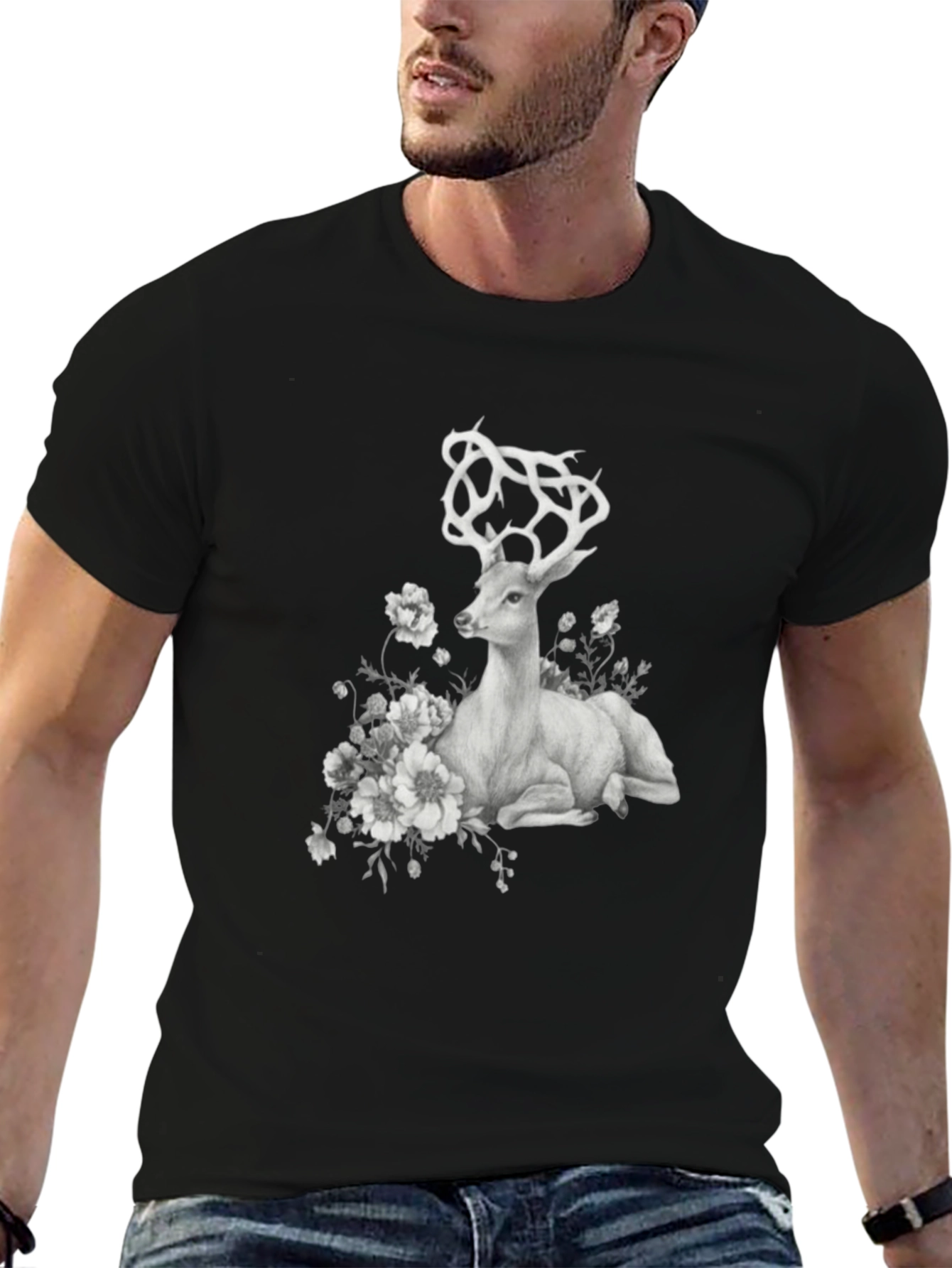 Deer Floral Graphic T-Shirt - Black