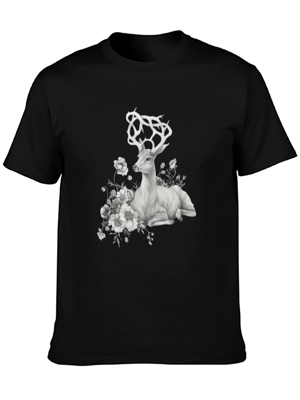 Deer Floral Graphic T-Shirt - Black