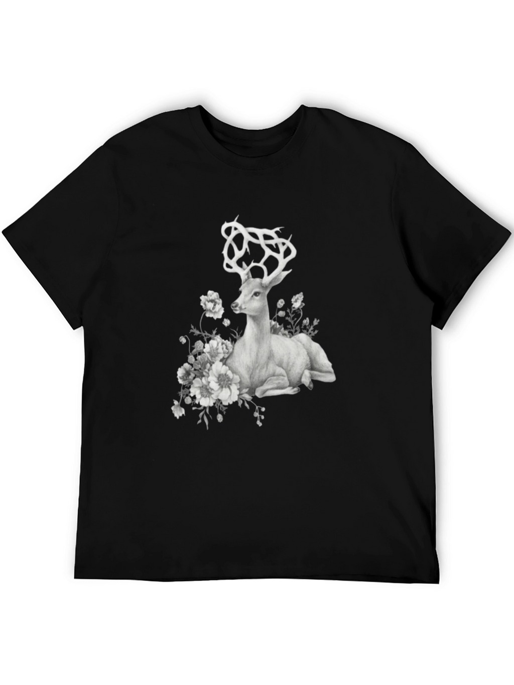 Deer Floral Graphic T-Shirt - Black