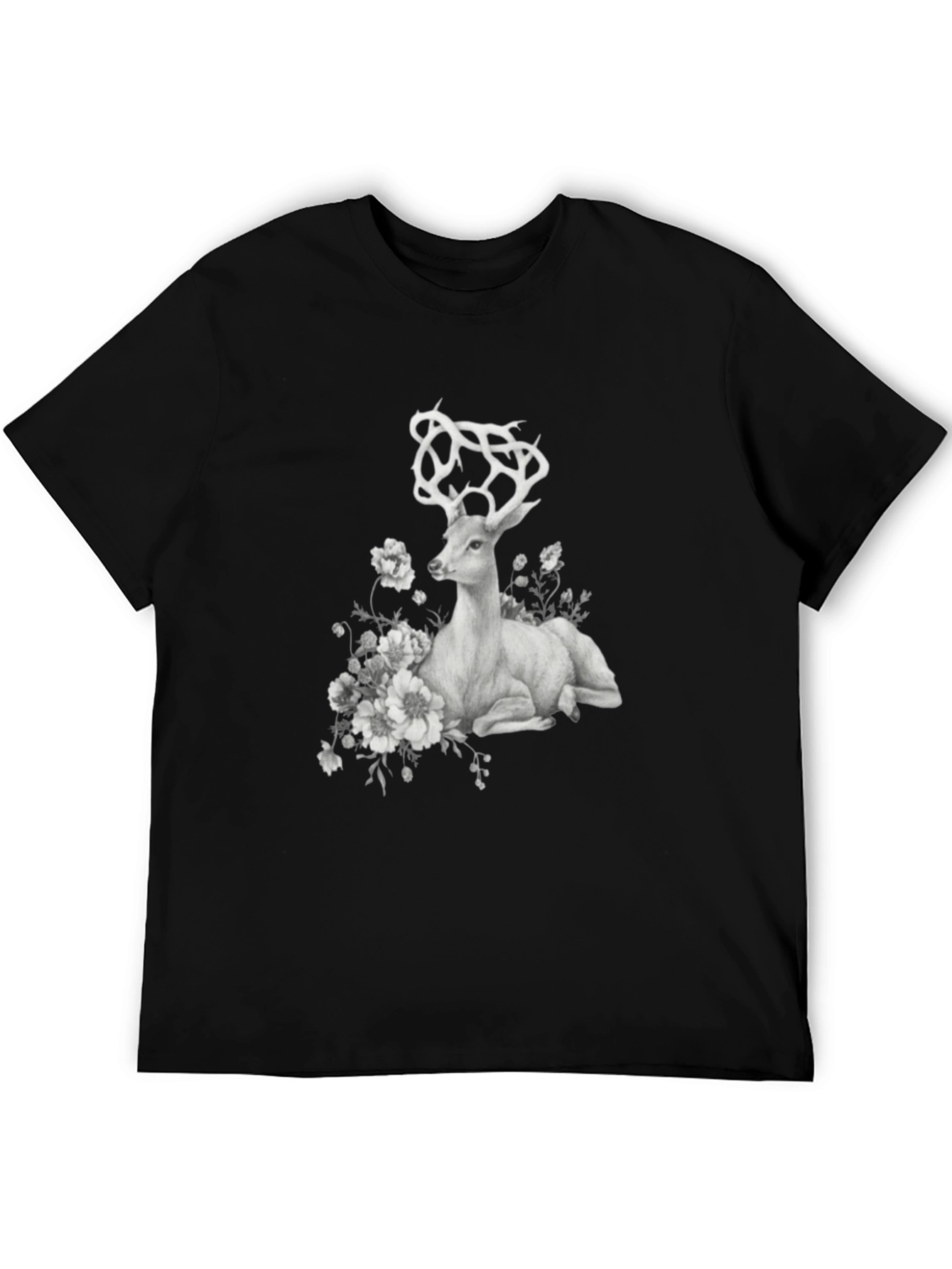 Deer Floral Graphic T-Shirt - Black