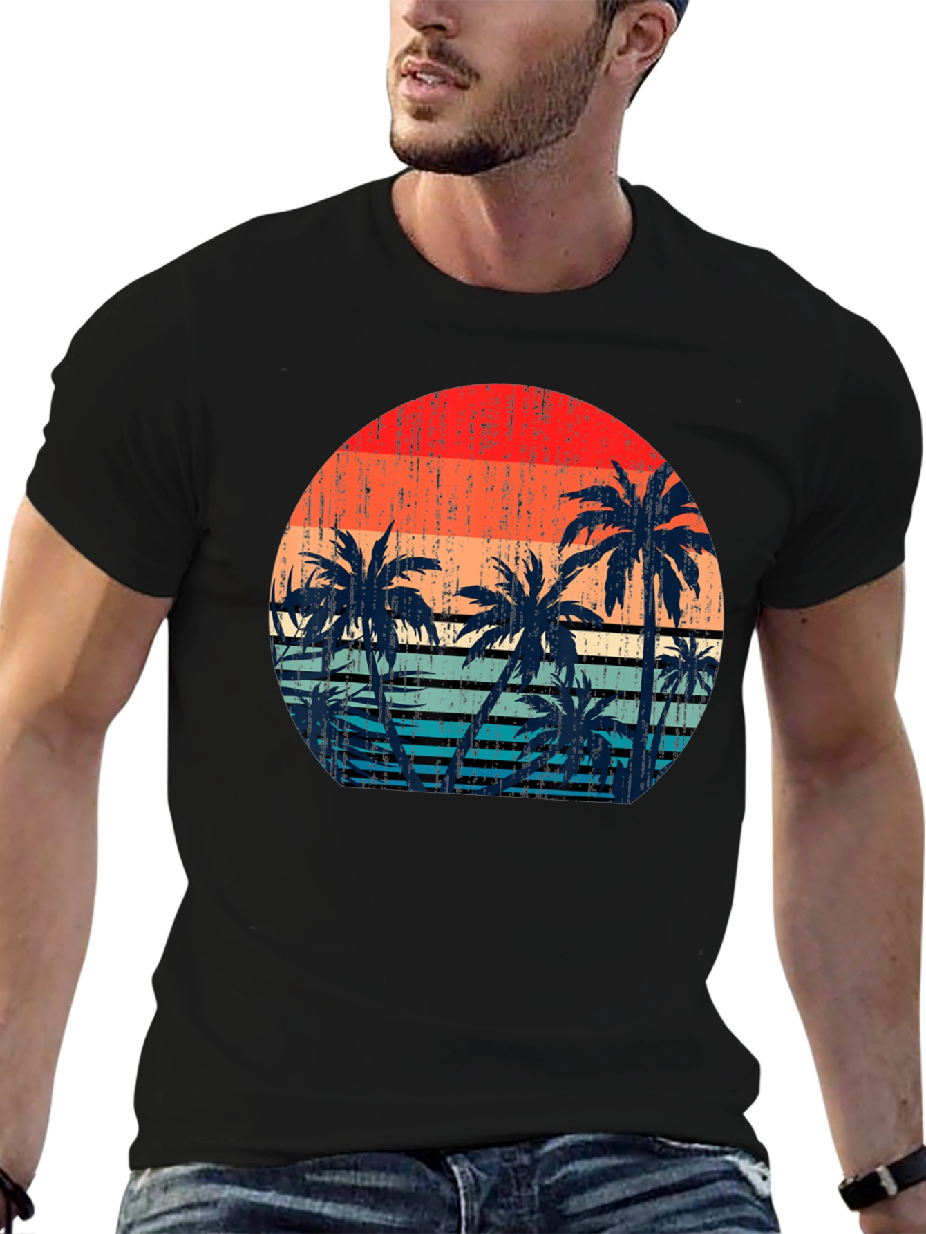 Retro Sunset Palm Tree Graphic T-Shirt