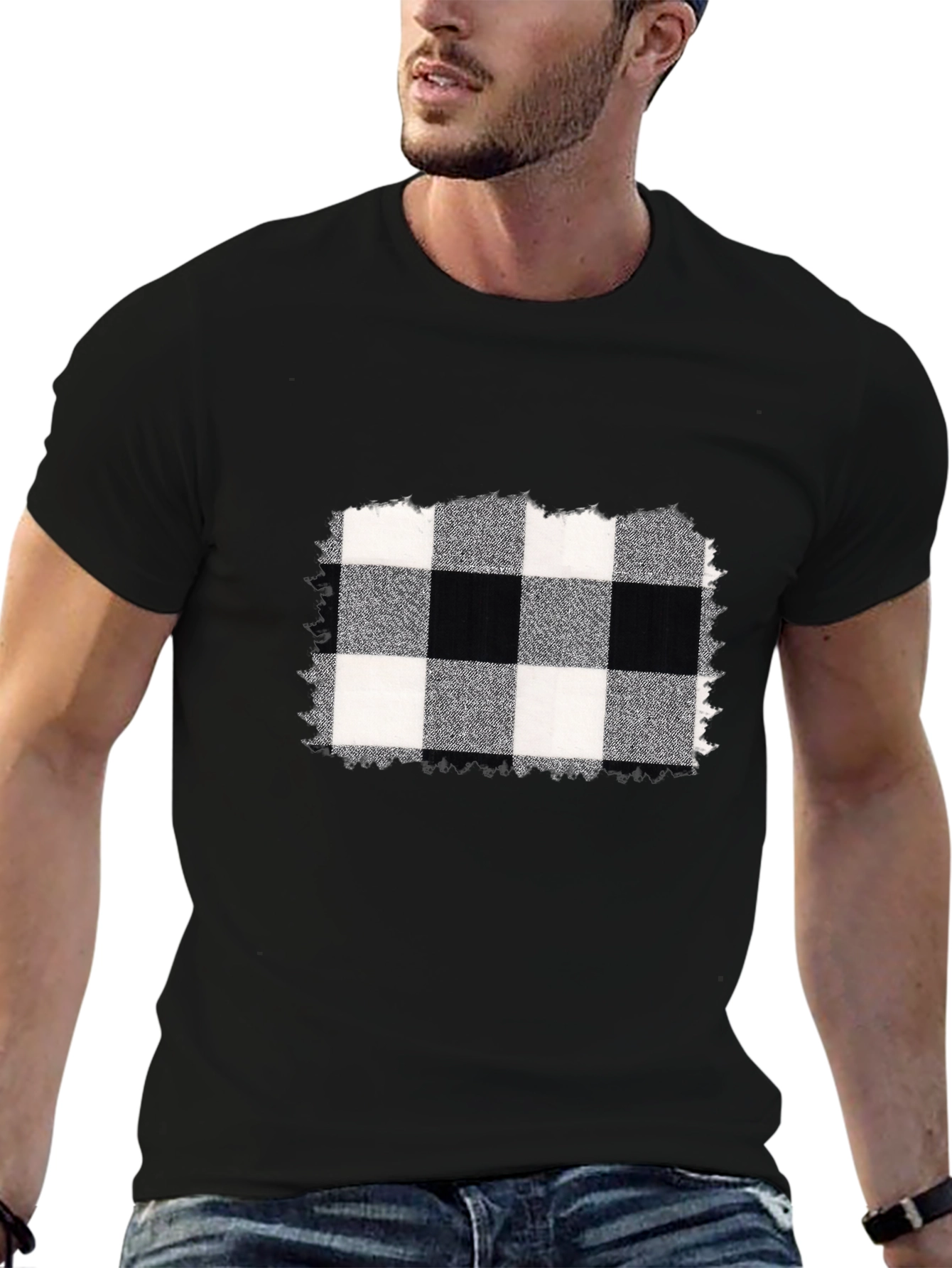 Black Tee with Buffalo Plaid Graphic
