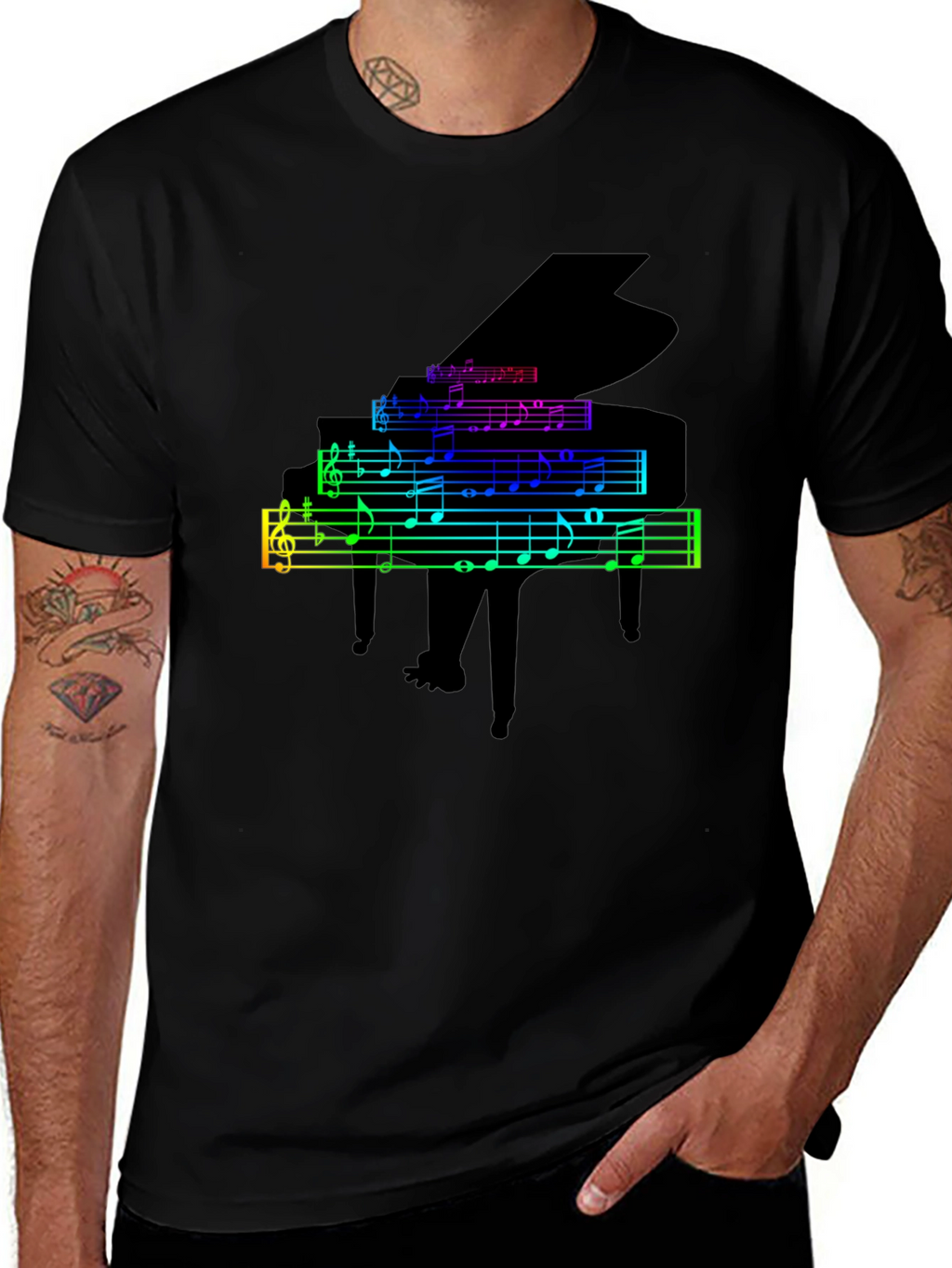 Rainbow Piano Music Notes Graphic T-Shirt