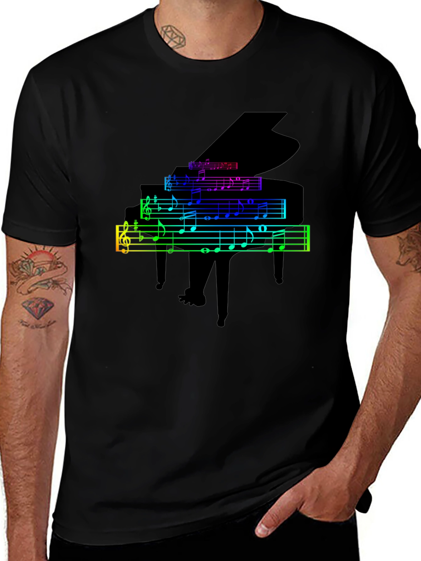 Rainbow Piano Music Notes Graphic T-Shirt