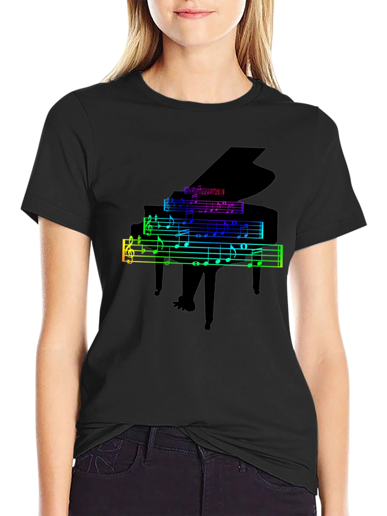 Rainbow Piano Music Notes Graphic T-Shirt
