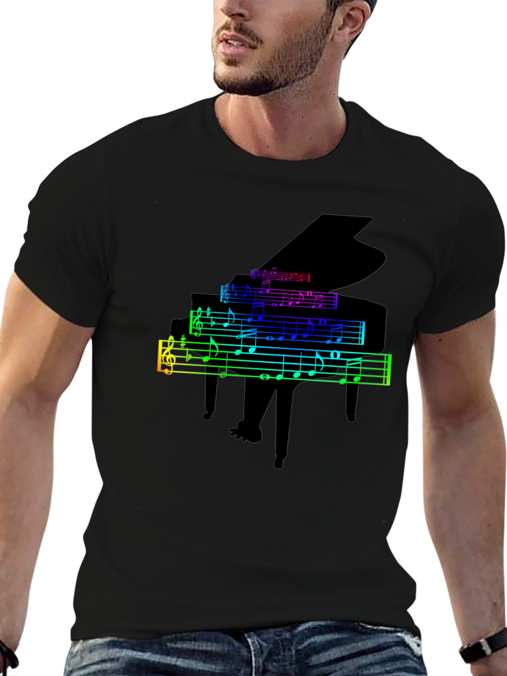 Rainbow Piano Music Notes Graphic T-Shirt
