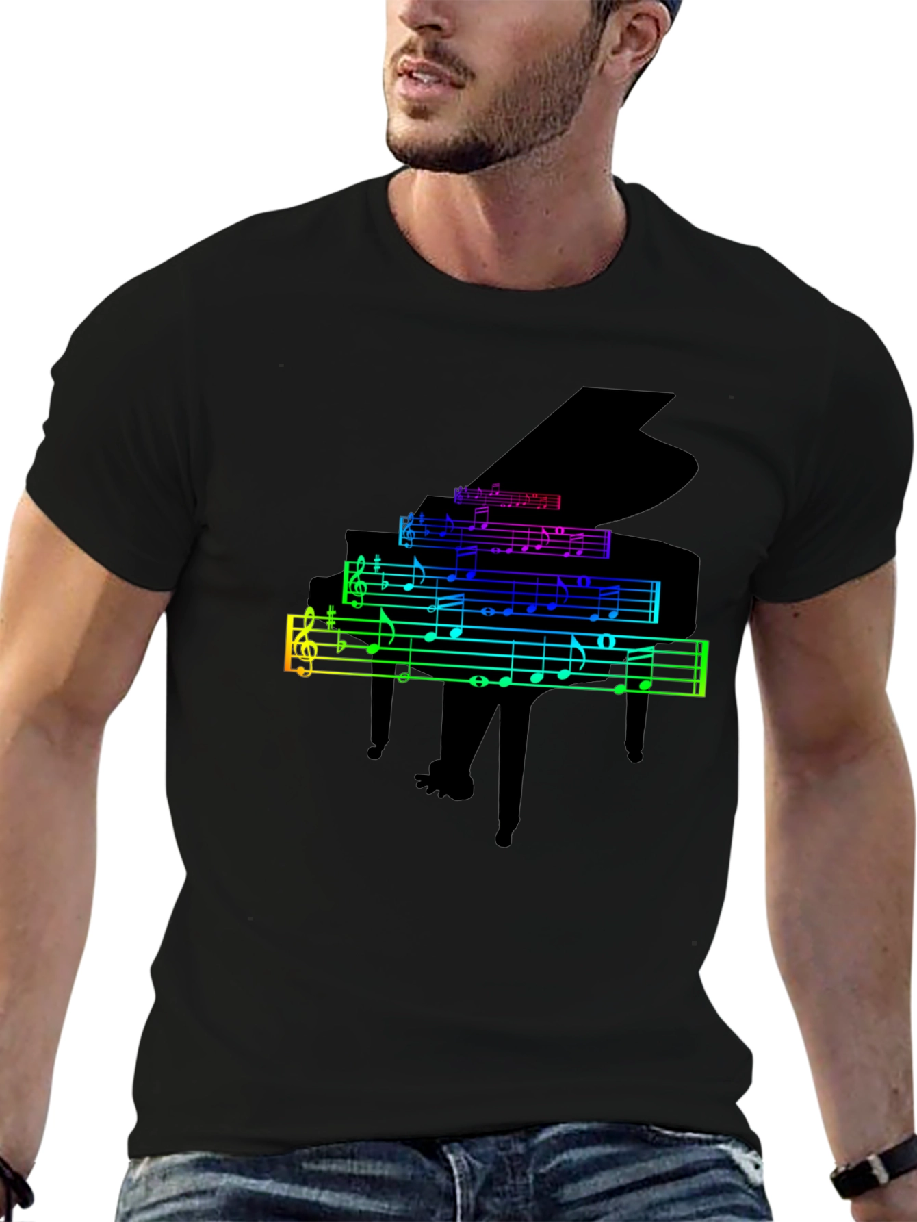 Rainbow Piano Music Notes Graphic T-Shirt