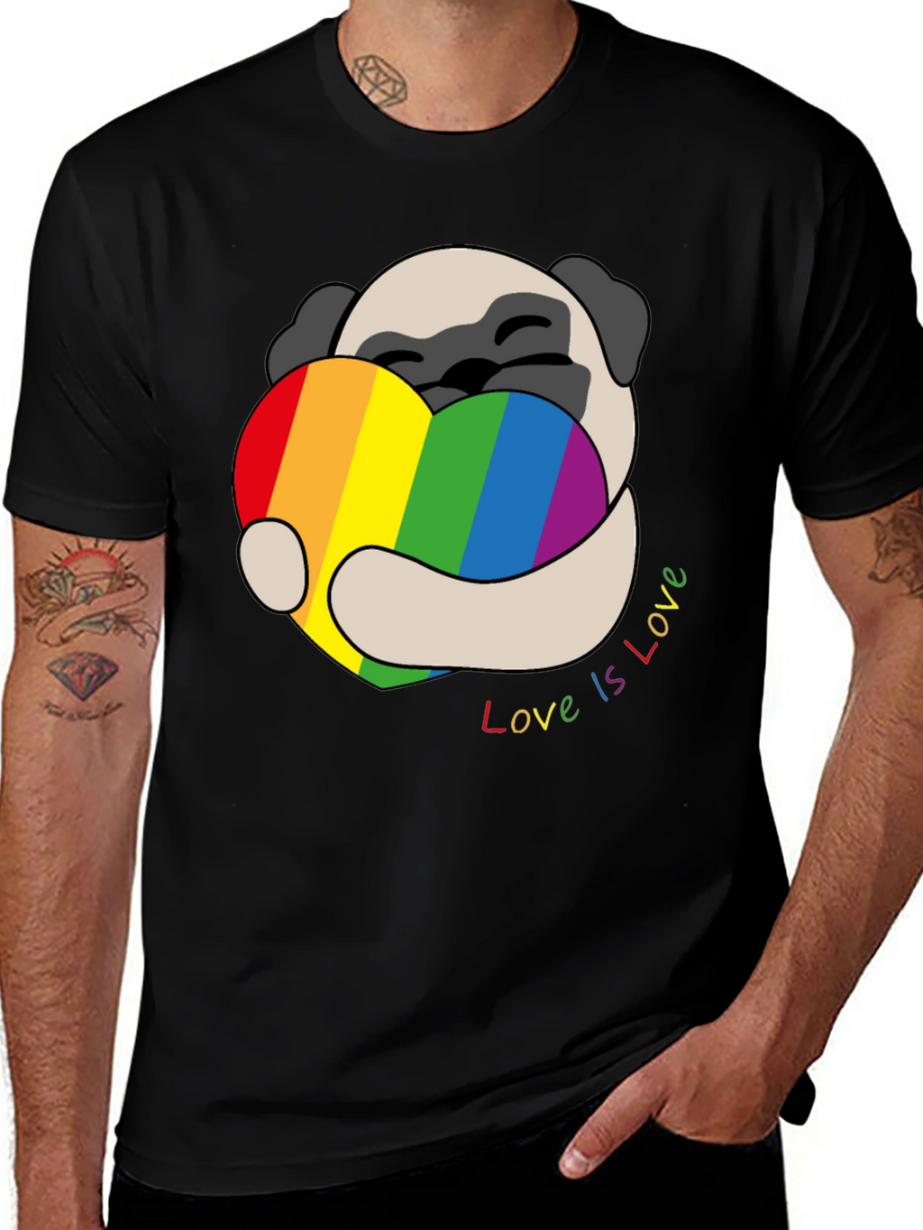 Pug Love is Love Rainbow Heart T-Shirt