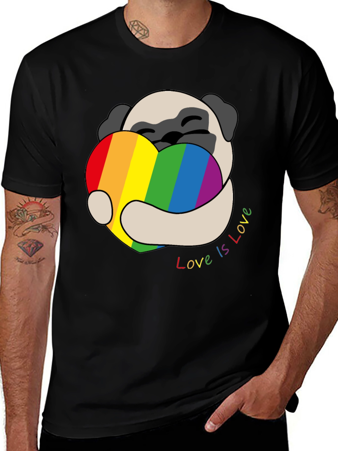 Pug Love is Love Rainbow Heart T-Shirt