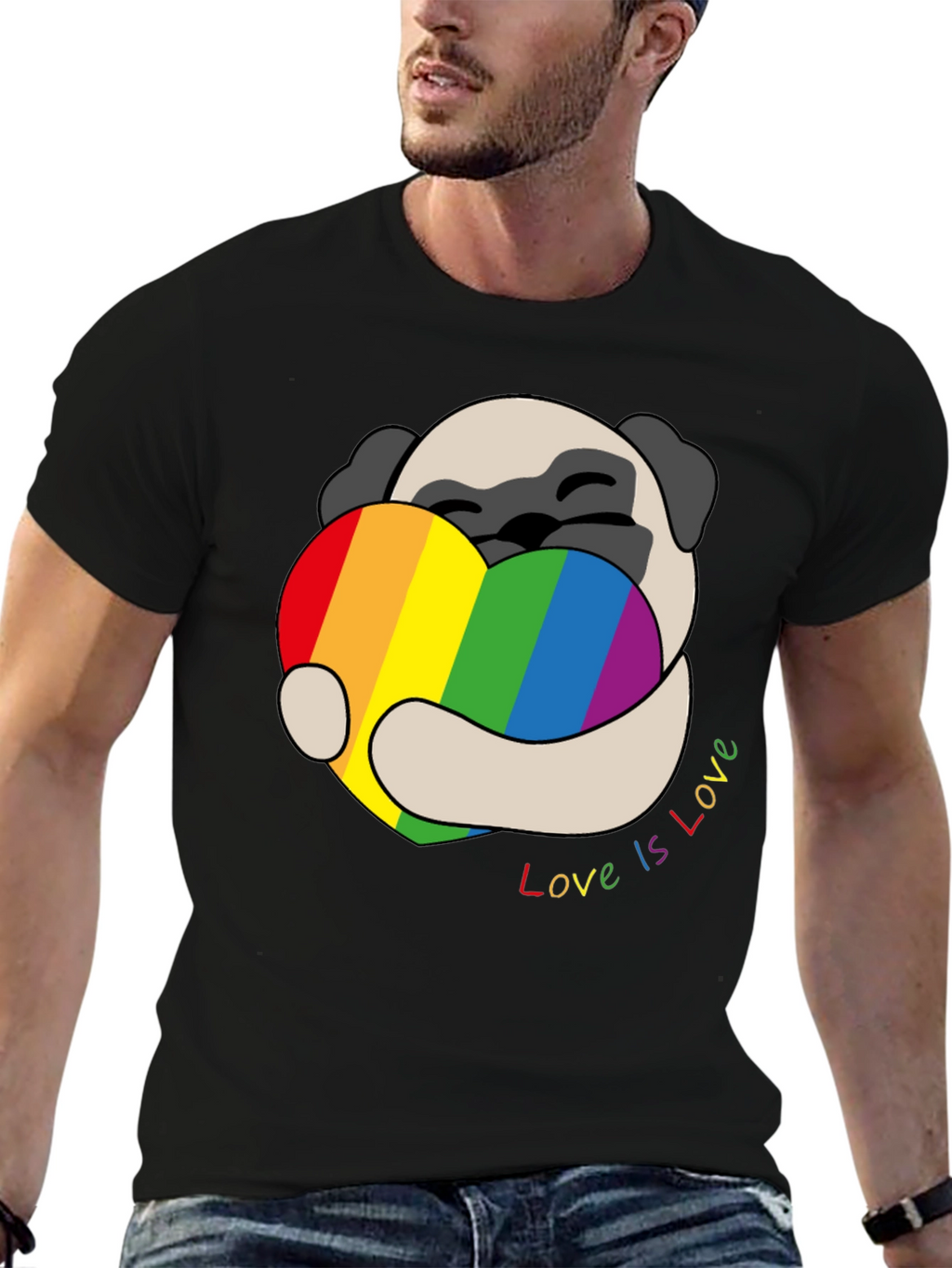 Pug Love is Love Rainbow Heart T-Shirt