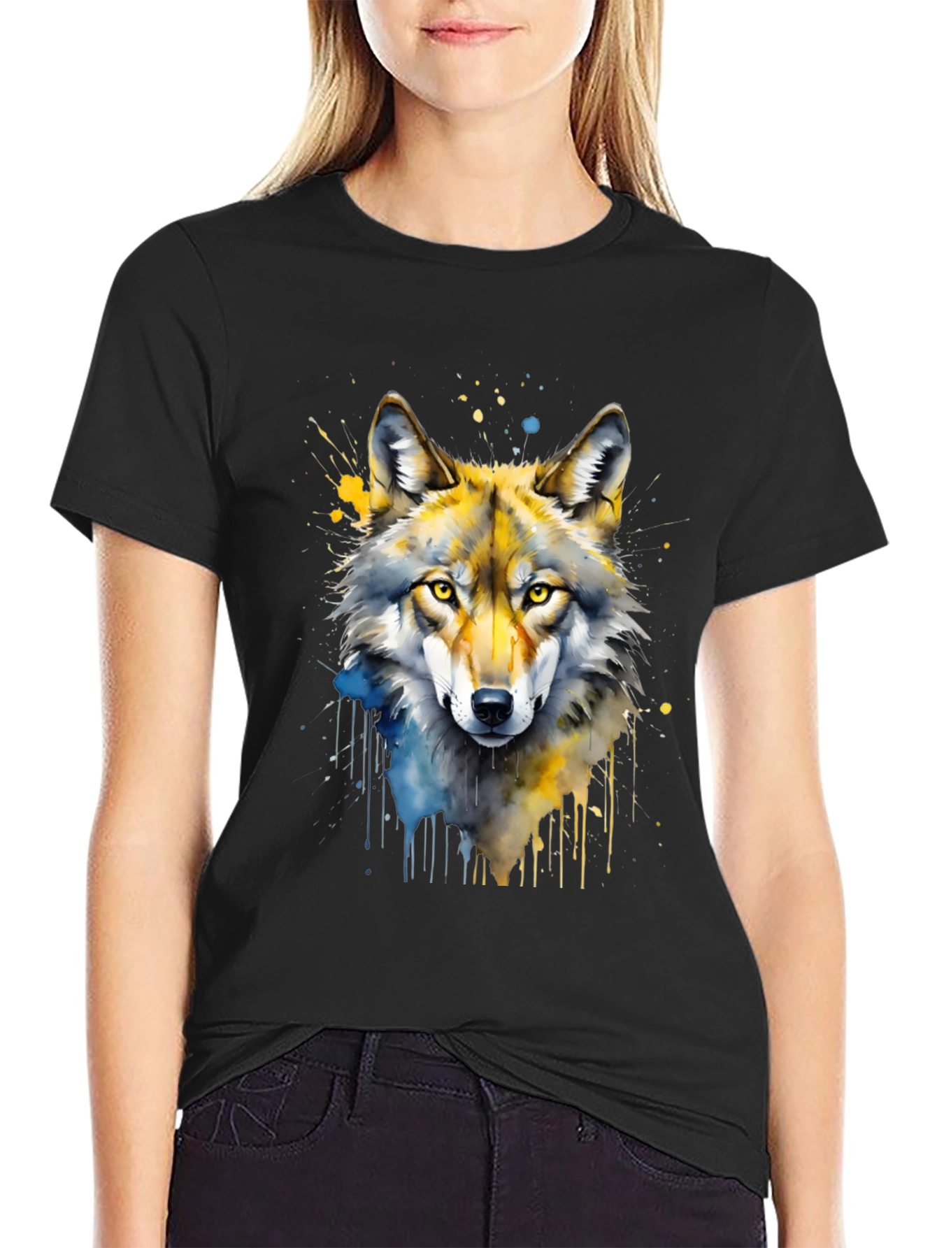 Watercolor Wolf Graphic Print Black T-Shirt