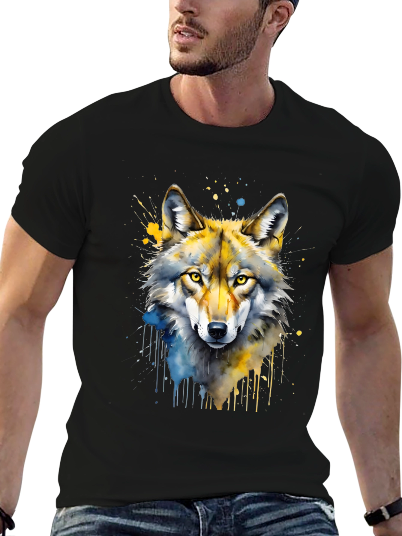 Watercolor Wolf Graphic Print Black T-Shirt