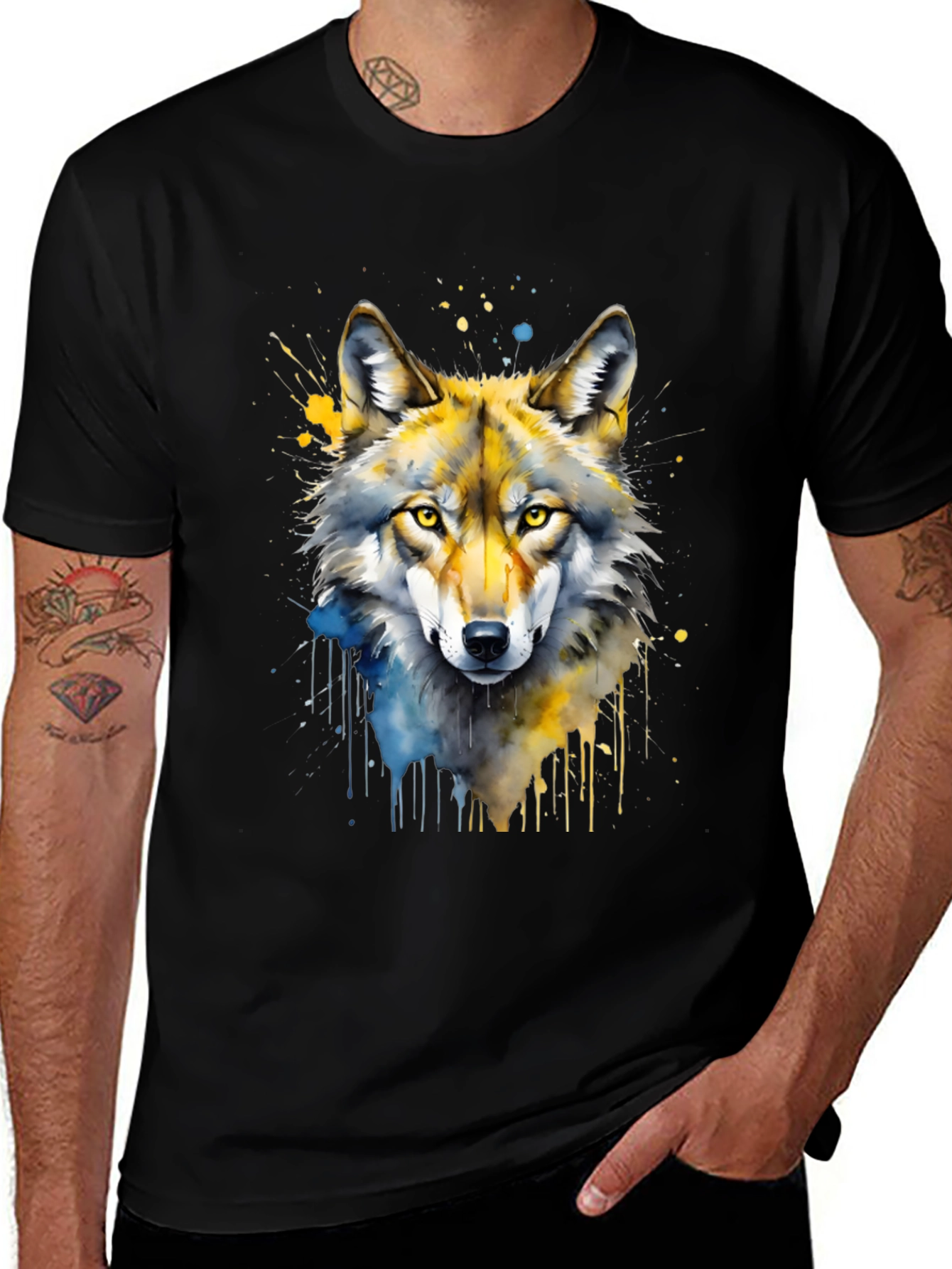 Watercolor Wolf Graphic Print Black T-Shirt