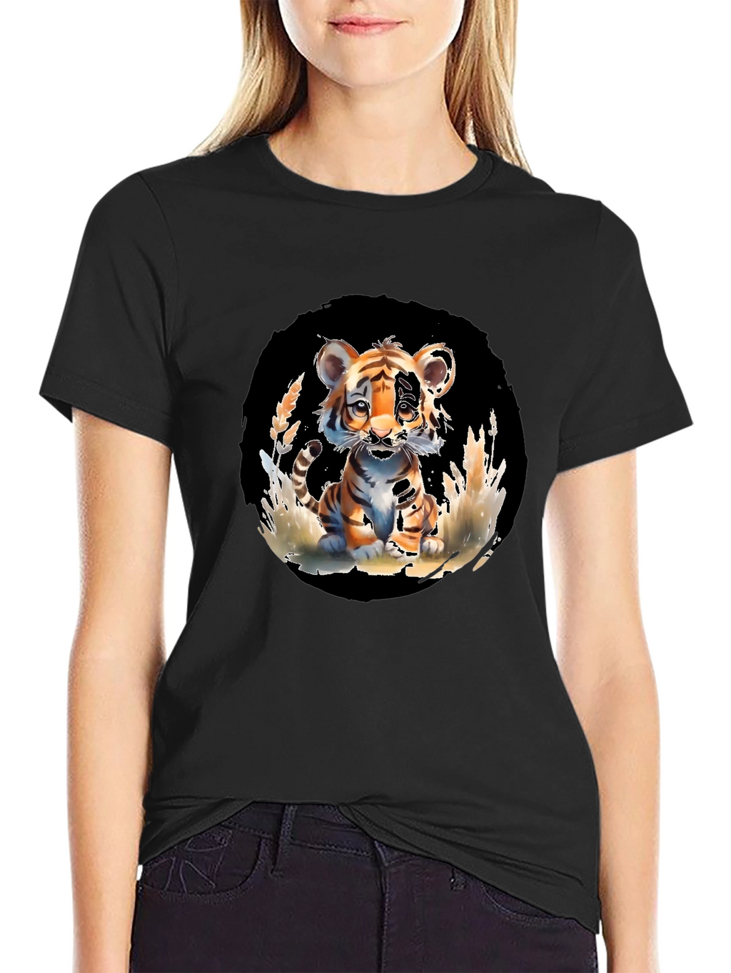 Cute Tiger Cub Graphic Tee - Black Unisex T-Shirt