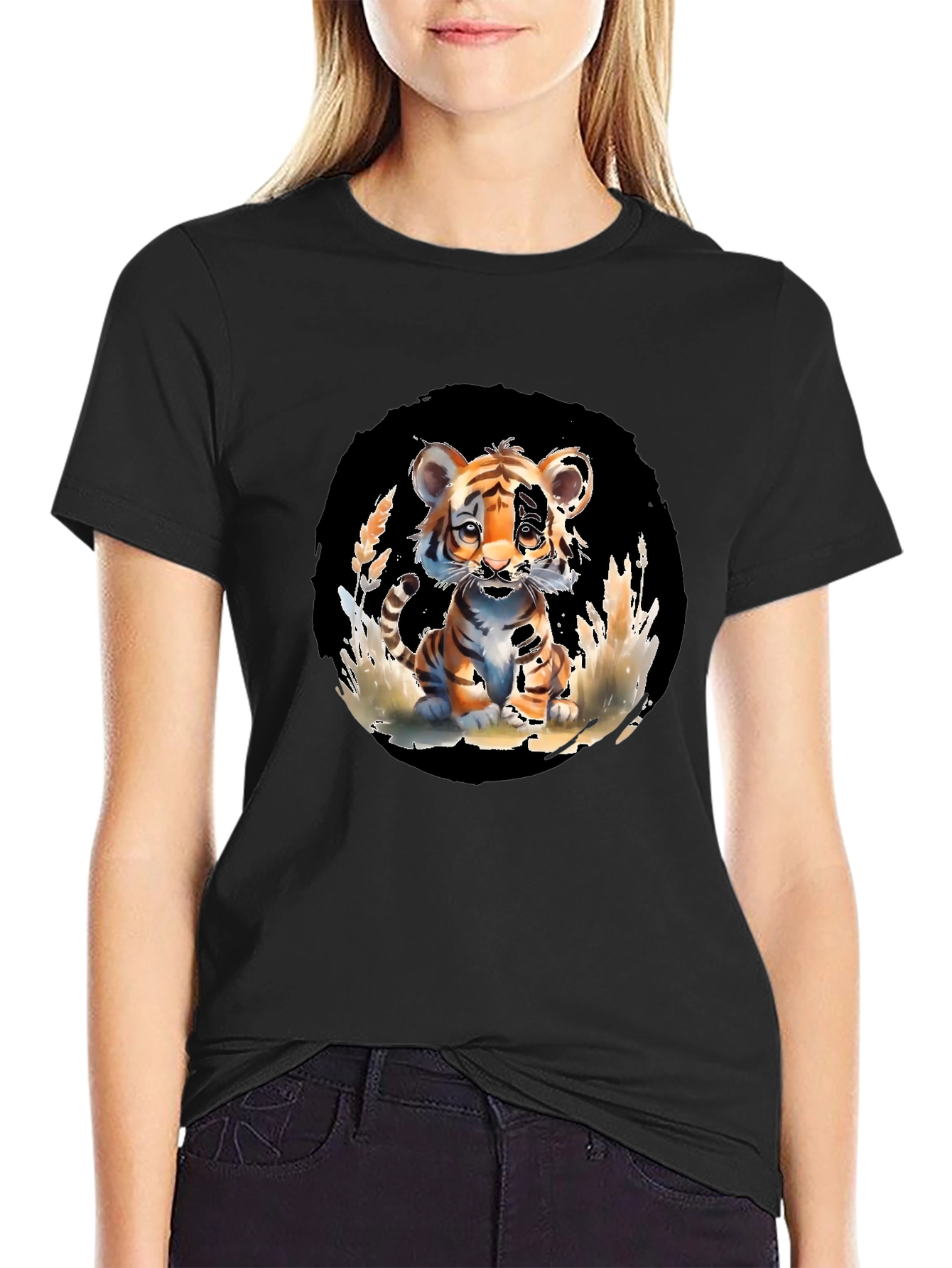 Cute Tiger Cub Graphic Tee - Black Unisex T-Shirt
