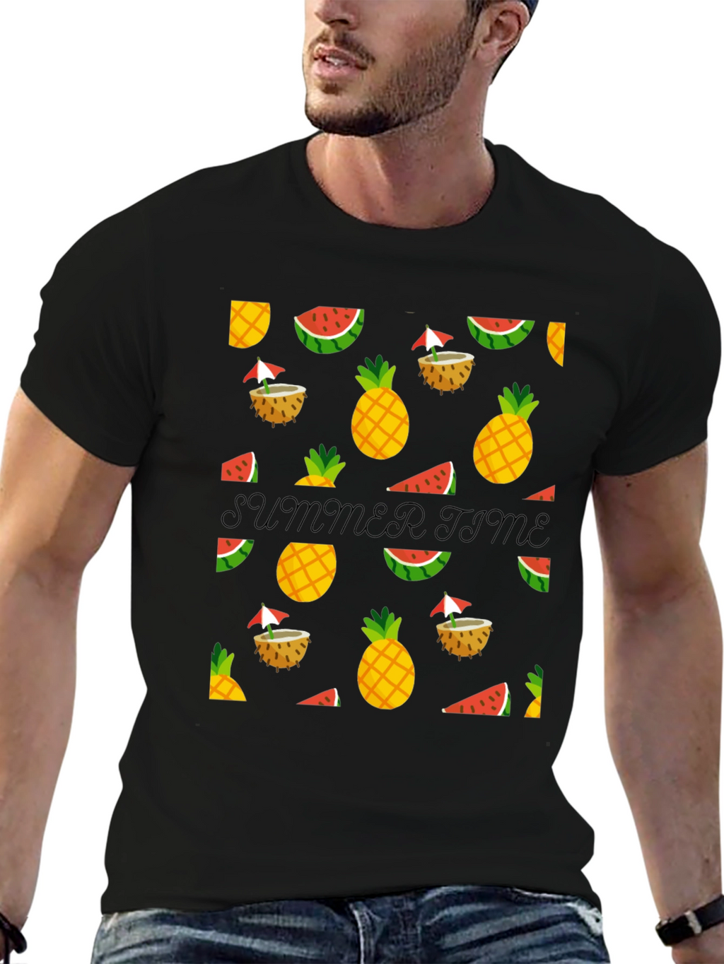 Summer Time Black Tee with Fruit Pattern