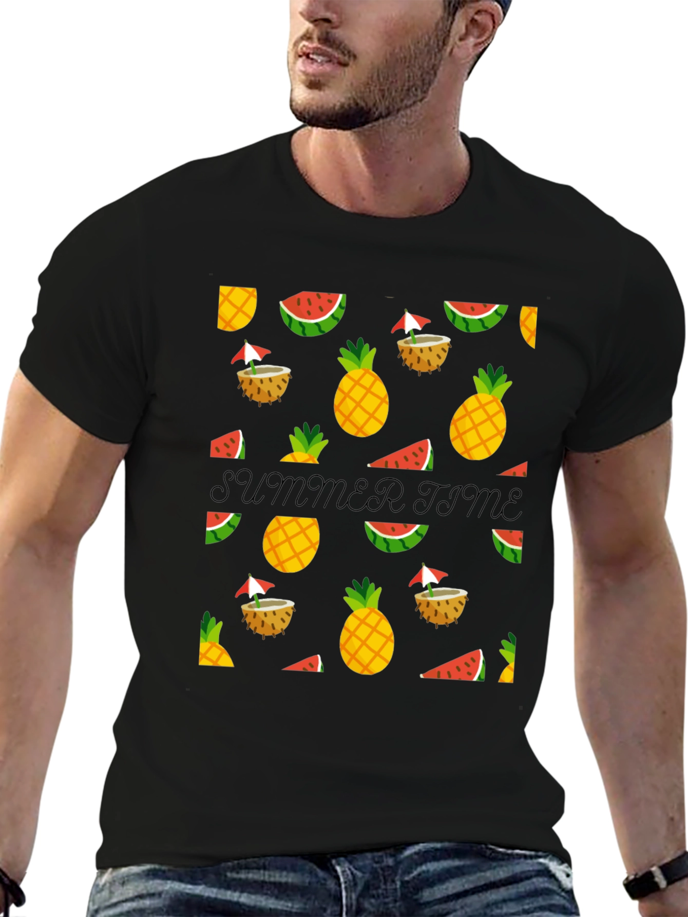 Summer Time Black Tee with Fruit Pattern