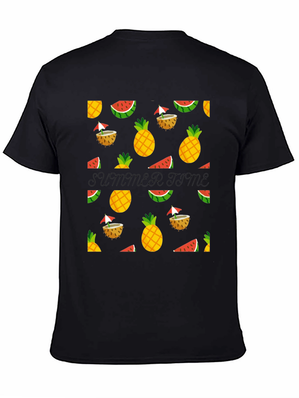 Summer Time Black Tee with Fruit Pattern