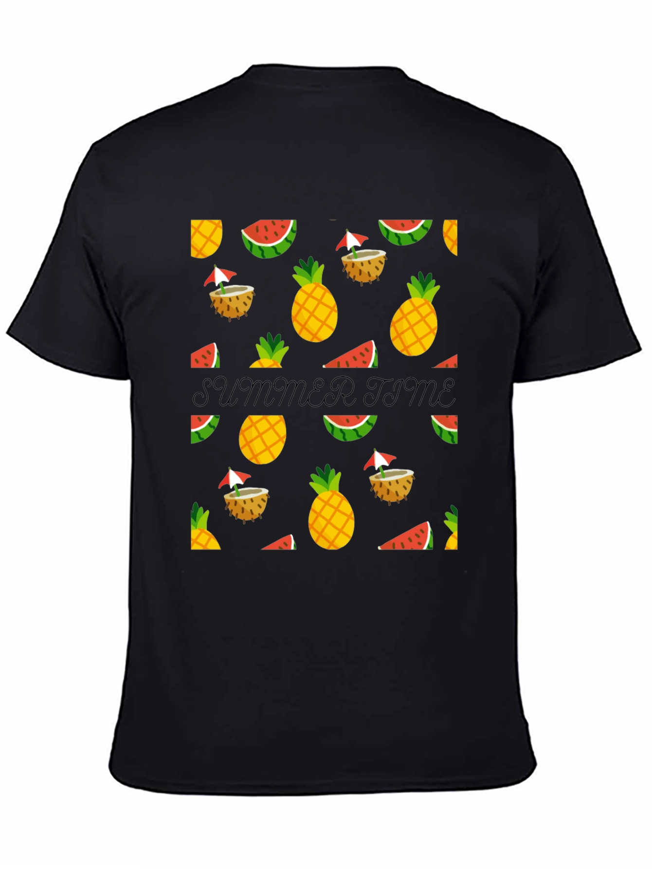 Summer Time Black Tee with Fruit Pattern