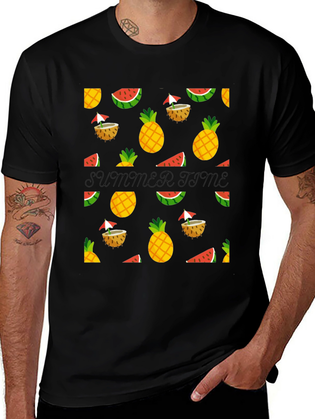 Summer Time Black Tee with Fruit Pattern