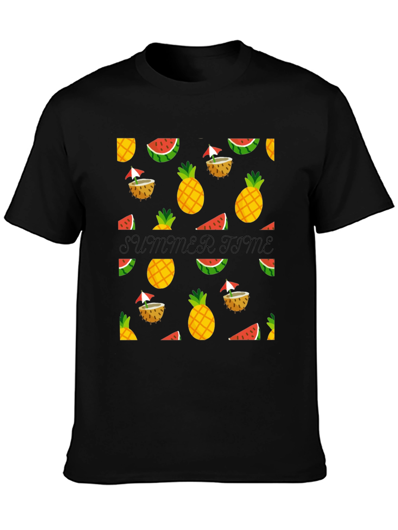 Summer Time Black Tee with Fruit Pattern