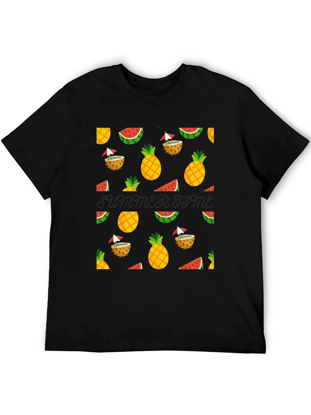 Summer Time Black Tee with Fruit Pattern