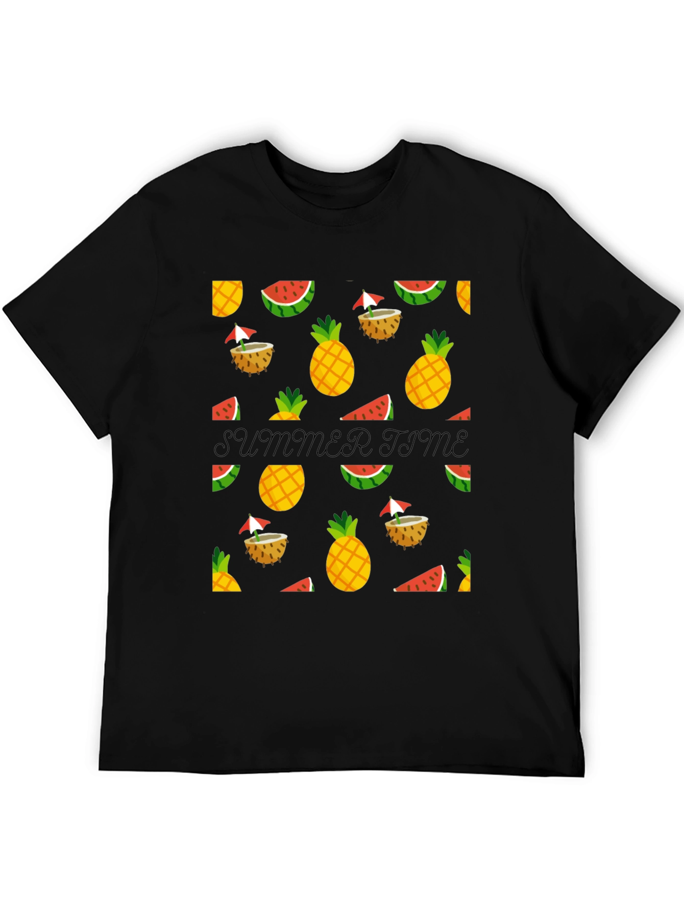 Summer Time Black Tee with Fruit Pattern