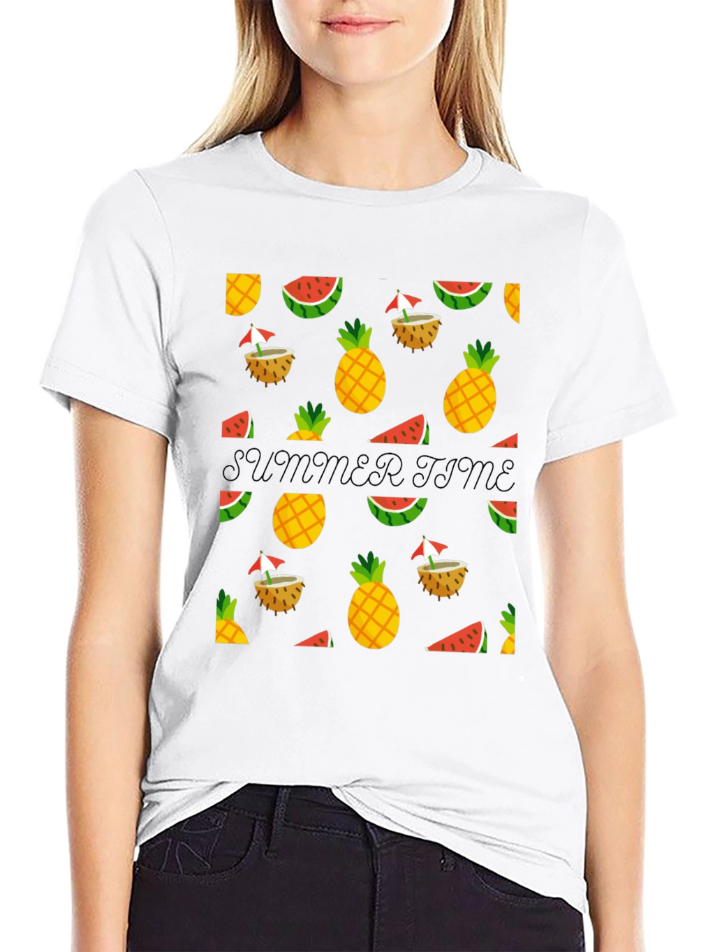 Summer Time Black Tee with Fruit Pattern