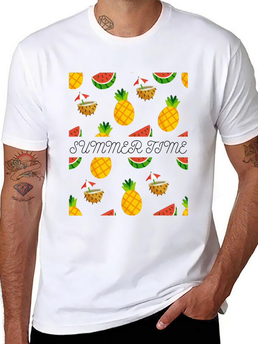 Summer Time Black Tee with Fruit Pattern