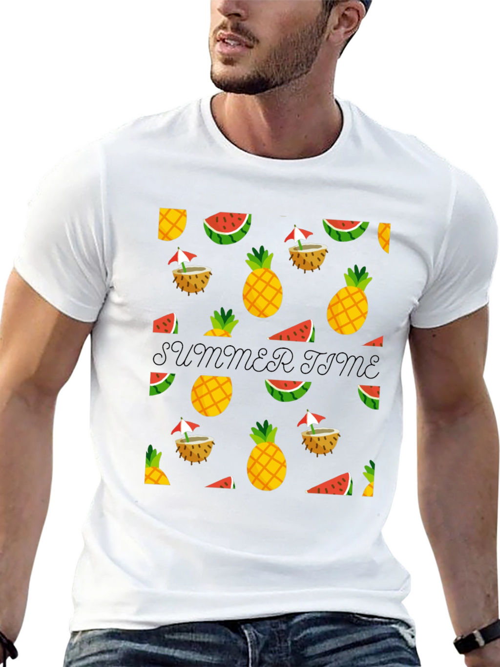 Summer Time Black Tee with Fruit Pattern