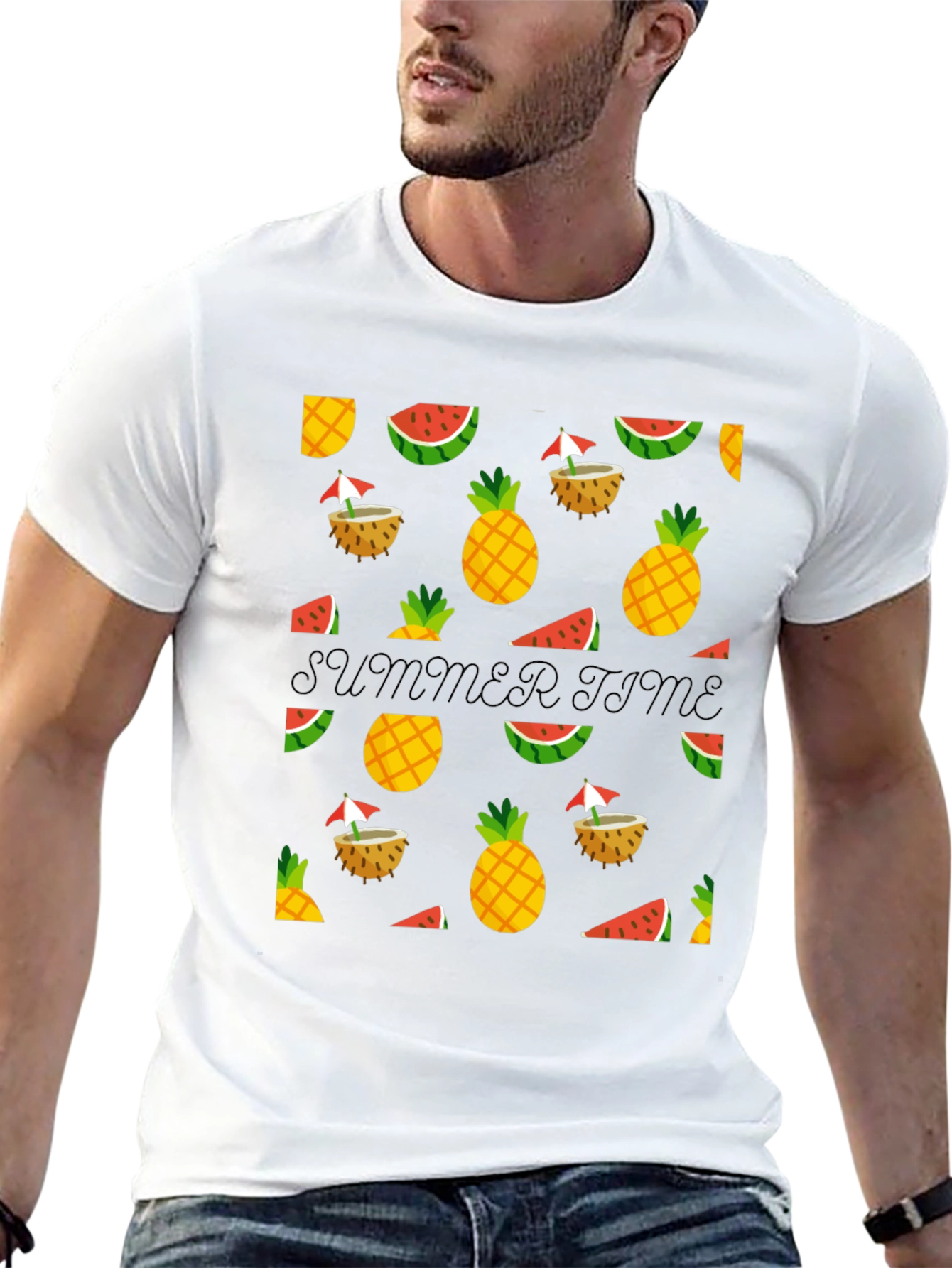 Summer Time Black Tee with Fruit Pattern