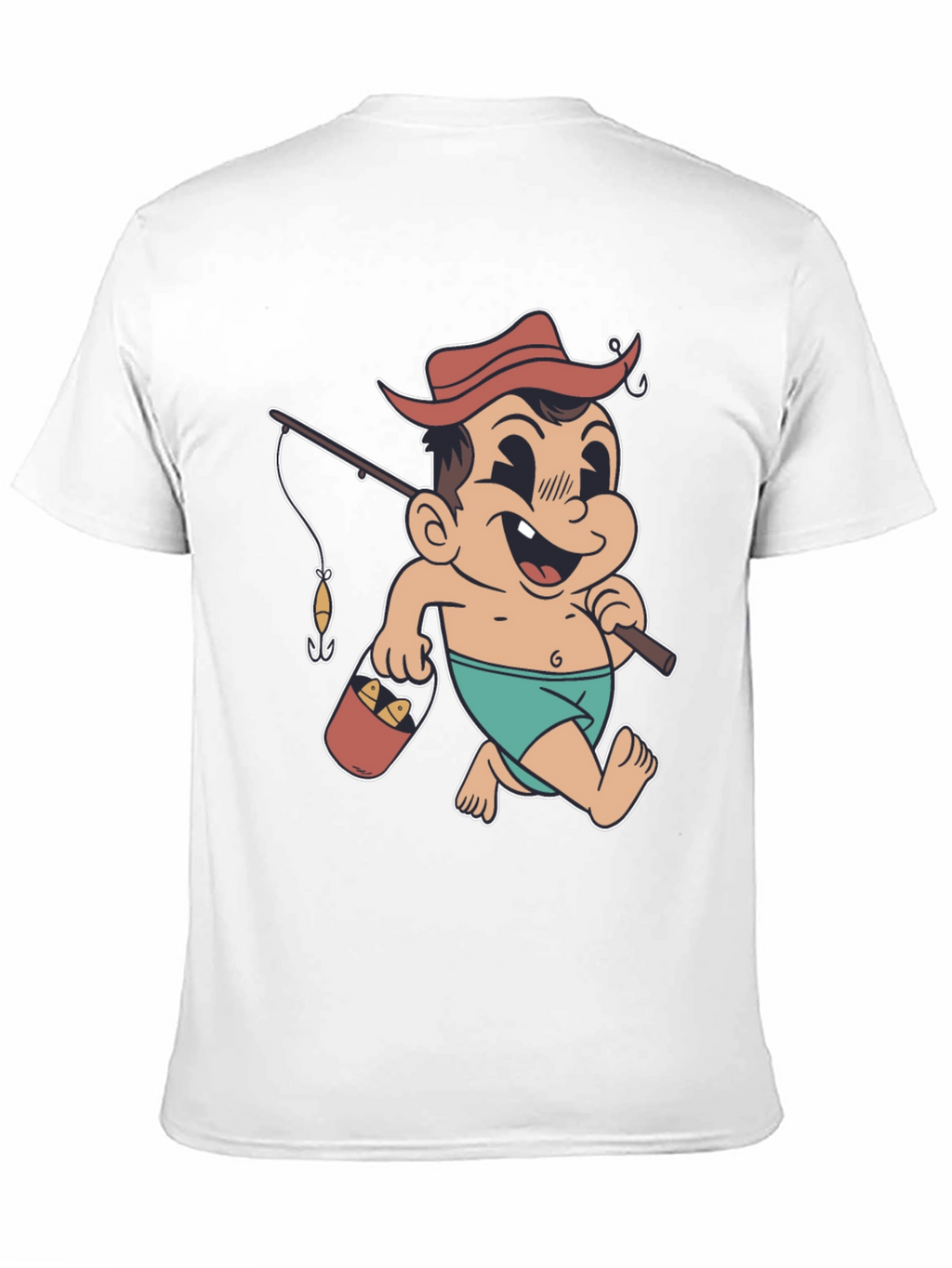 Cartoon Fisherman T-Shirt - Black Cotton Graphic Tee