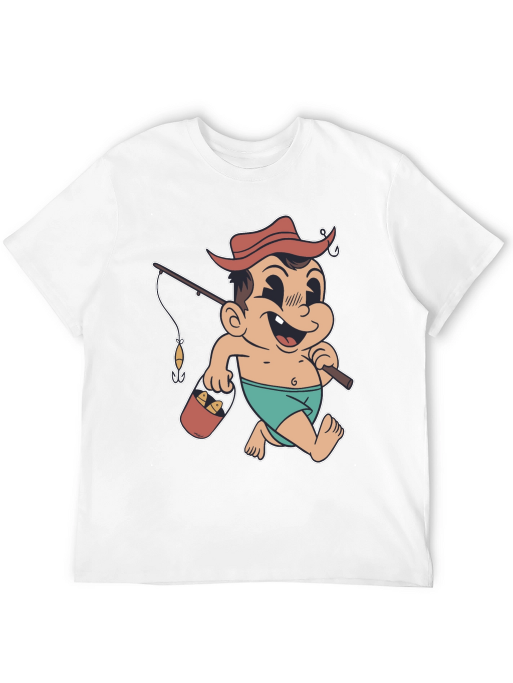 Cartoon Fisherman T-Shirt - Black Cotton Graphic Tee