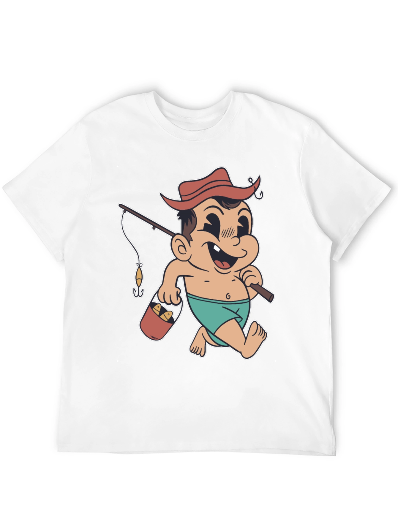 Cartoon Fisherman T-Shirt - Black Cotton Graphic Tee