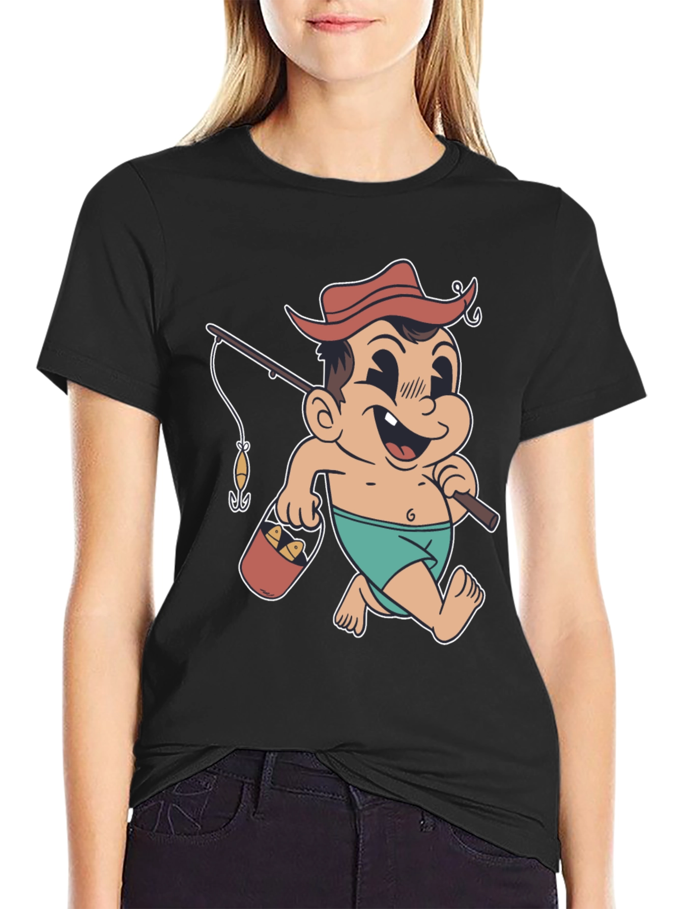 Cartoon Fisherman T-Shirt - Black Cotton Graphic Tee
